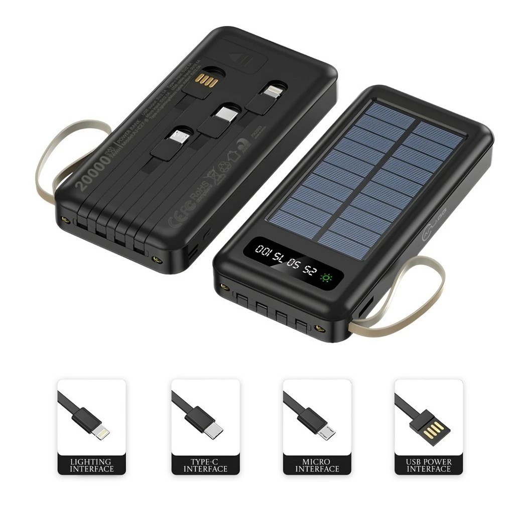 Power bank solar portátil 10.000mAh e 20.000mAh com lanterna LED e carregamento multifuncional
